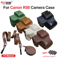 Camera Case For Canon EOS R50 PU Leather Bag Case Protrector Cover With Tripod Screw Buttom Opening Strap Shoulder Battery Bag
