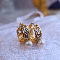 925純銀鍍18k真金復古藤纏紋法式優雅耳環純銀氣質淡水珍珠耳飾