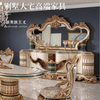 European style solid wood carving table side cabinet table side mirror combination luxury villa living room furniture cupboard