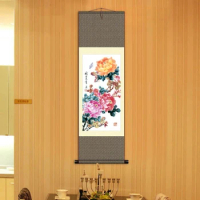 Home Decoration Chinese Silk scroll painting Gu peony Gongbi painting SG02