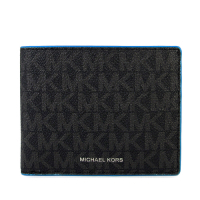 MICHAEL KORS Cooper 銀字Logo滿版防潑水MK寶藍滾邊雙折對開式短夾(黑色)