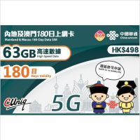 聯通-180日 63GB【內地、澳門】高速5G/4G 上網卡數據卡電話卡Sim咭 中國大陸數據卡 無需實名 即插即用