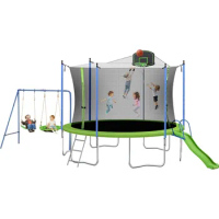 14FT Outdoor Trampoline with Swing, Slide, Basketball Hoop, Safety Enclosure and Ladder, for Kids and Adults