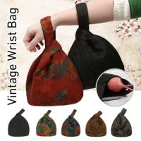 Women Vintage Mulberry Silk Knotted Wrist Bag Chinese Style Handbag Retro Purse Tote Wallet Purse Key Phone Pouch