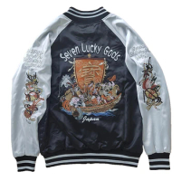 Treasure Ship 7 Lucky Gods Yokosuka Street Women Lucky Fortune Printed Embroidery Baseball Flight Sukajan Souvenir Jacket Coats
