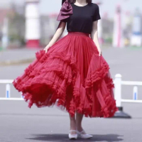 Puffy Multi-layer Irreguar Candy Long Tulle Skirt Fairy Fluffy A-line High-Low Ruffled Ankle Long Mesh Skirts