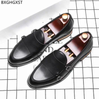 Business Shoes Men Fashion Black Double Double Monk Strap Loafers Leather Shoes Men Formal Wedding Luxury Designer Oxford Sapato