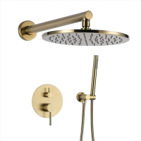 Bathroom Shower Set Brushed Gold Rain Shower Faucet Wall or Ceiling Wall Mounted Shower Mixer 8-10" Shower Head