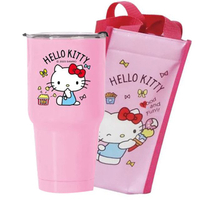 小禮堂 Hello Kitty 不鏽鋼冰霸杯附尼龍保冷收納袋 900ml (粉坐姿款)