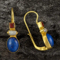 Vintage Lapis Lazuli Dangle Earrings for Women Gold Plated Garnet Square Drop Earrings with Baroque Pearl Hypoallergenic Jewelry