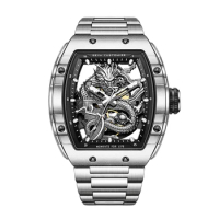 GEYA Men Automatic Watch 46.5mm Luxury Tonneau Mechanical Wristwatch Sapphire Mirror Waterproof Luminous Hollow Out Dragon Dial