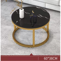 簡約圓桌茶幾（黑色大理石紋+金色架）【尺寸：長60cm*寬60cm*高38cm】 