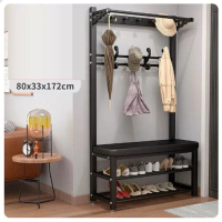 落地衣架鞋櫃鞋凳一體組合【80CM衣帽架+鞋凳【黑架-黑皮】（尺寸：80*33*172CM） 
