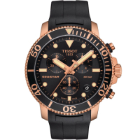 Tissot 天梭Seastar系列 玫瑰金三眼計時腕錶-45mm/黑