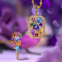 Luxury Gold Color Secret Garden Jewelry Set Women's Color Cubic Zirconia Ring Necklace Charm Engagement Jewelry