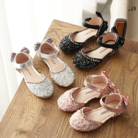 New Kids Leather Shoes Girls Wedding Shoes Children Princess Sandals Sequins Bow Girls Casual Dance Shoes Flat Sandals