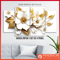 Hiasan Dinding 1 Set Bunga 3D Elegan 4 Panel Wall Decor White Gold Flower Pajangan Kamar Aesthetic D