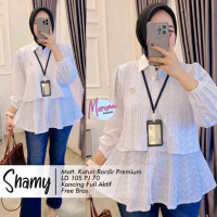 (BONUS BROSS) - Shamy blus polos bordir putih Baju Wanita Atasan Top Kancing Katun Kerja Casual Over