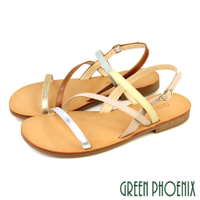 女 涼鞋 全真皮 平底 顯白 交錯線條 台灣製【GREEN PHOENIX 波兒德】U33-22116