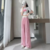 Quần Ống Rộng Kẻ Caro Đen Trắng Cho Nữ Cạp Cao Quần Dài Thường Ngày Quần Dài Quần Dài Chất Liệu Poly