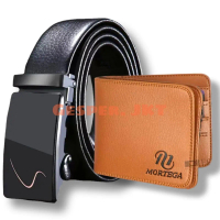 Gesper Ikat Pinggang Pria Hitam Free Dompet Mortega Kulit Sintetis + Hampers Giftbox Hadiah Sabuk