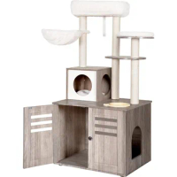 Cat tree, wooden shell with food station, large integrated indoor cat furniture with hammock, modern style cat tower