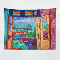 海邊度假窗臺 馬蒂斯特色掛布 色彩鮮艷墻布 宿舍床頭背景裝飾布