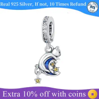 Fit Original Pandora Bracelet Beads Charms 925 Sterling Silver Cute Cat With Stars And Moons Dangle Pendants Bangle Jewelry