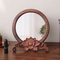 【免運】可開發票 桌面鏡子圓化妝鏡實木梳妝鏡臺式手工復古家用小型辦公室高檔木質