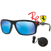 【RayBan 雷朋】限量法拉利聯名款 包覆設計太陽眼鏡 RB4364M F66055 黑框抗UV蔚藍水銀鍍膜鏡片 公司貨