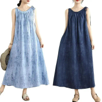 Váy vải cotton–linen mùa hè mới, phong cách thường ngày đa năng; váy dài không tay bằng vải cotton–l