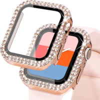 Diamond+Tempered Film Case For Apple Watch Case 45mm 44mm 42mm 40mm 41mm Glass Protective Cover For iWatch 9 8 7 6 5 4 SE Shell