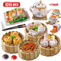 4241pcs Mini City Cantonese Food Morning Tea Food Building Blocks Chinese Dim Sum Figures Piggy Model Bricks Toys for Kids Gifts