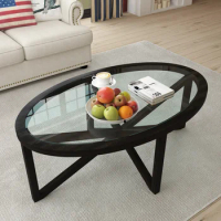Modern simple glass coffee table, tempered glass coffee table solid wood base round transparent glass top modern living room