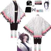 Kostum Cosplay Anime Demon Slayer Kochou Shinobu Rambut Palsu Haori Kimono Kostum Halloween untuk Wa