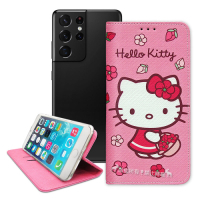 三麗鷗授權 Hello Kitty 三星 Samsung Galaxy S21 Ultra 5G 櫻花彩繪側掀皮套