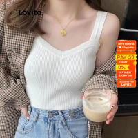 Lovito - เสื้อถักซี่โครงแขนกุดคอวีธรรมดาลำลองสำหรับผู้หญิง lnl01027 (สีขาว) Lovito เสื้อซี่โครงถักลำ