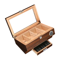 Log Wood Grain Cigar Humidor, Glass Display, Transparent Cigarette Case, Portable with Key Lock, 50 Cigar Boxes, Holder Humidor