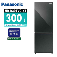 Panasonic國際牌 300公升 一級能效玻璃門雙門變頻冰箱-鏡面鑽石黑(NR-B301VG-X1)
