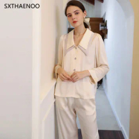 SXTHAENOO French Autumn Women's Silk Pajama Suit 2 Pcs with Long Sleeve Pants Solid Laides Sleepwear Pyjama for Female 2023