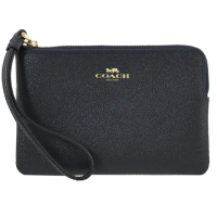 【COACH】馬車烙印LOGO防刮皮革零錢包手提包手拿包(深藍)