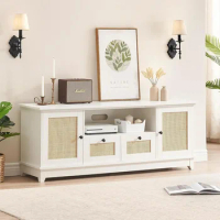 TV Stand for 65+ Inch TV, Rattan Entertainment Center TV Console Cabinet Furniture for Living Room (White Desktop)