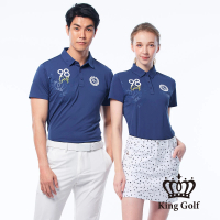 【KING GOLF】速達-網路獨賣款-女款美式印花數字刺繡涼感素面短袖POLO衫/高爾夫球衫(藍色)