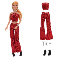 NK Official 1 Set Red sparkling beaded performance dress for doll party: top+pants+earrings+bracelets+high heels For Barbie Doll