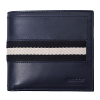 BALLY TYE 經典黑白條紋織帶皮革對折零錢短夾(暗礦藍)