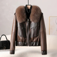 2023 Autumn and Winter Leather Fur Integrated Coat for Women with Fox Fur Collar rabbitskin Sleeve Leather Coat for Women