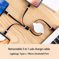 3 in 1 Retractable USB C Cable For iphone 14 Pro Max USB To Type C Charging Cable Micro Lightning For ipad Samsung Xiaomi Tablet