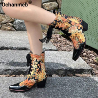 Ochanmeb Women Patent Leather Cowgirl Boots Red Floral Print Block Heels Western Cowboy Boot Woman Laceup Shoes Big Plus Size 48