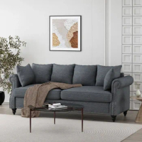 Fabric Pillow Back 3-Seater Sofa with Nailhead Trim, Charcoal and Dark Brown Sofas for Living Room