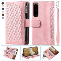 For Sony Xperia 1 IV Fashion Small Fragrance Zipper Wallet Leather Case Flip Cover Multi Card Slots Cover Folio with Wrist Strap